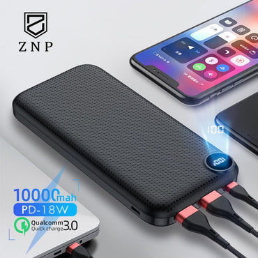 ZNP 10000mAh Power Bank For iPhone Samsung Huawei Type C PD Fast Charging + Quick Charge 3.0 USB Powerbank External Battery